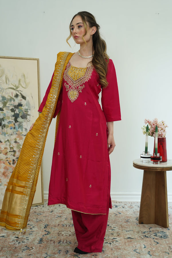Maroon & Mustard Threadwork Salwar Kameez