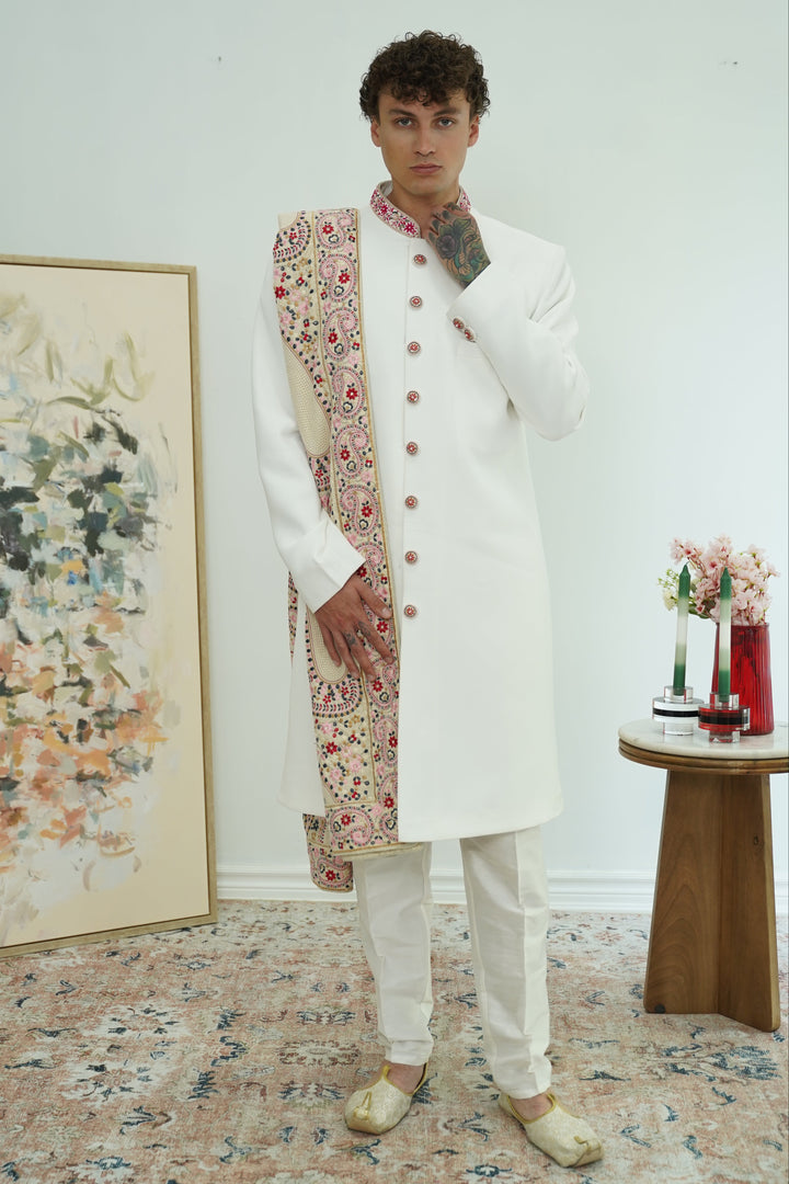 Royal White Indo-Western Set with heavy Stole