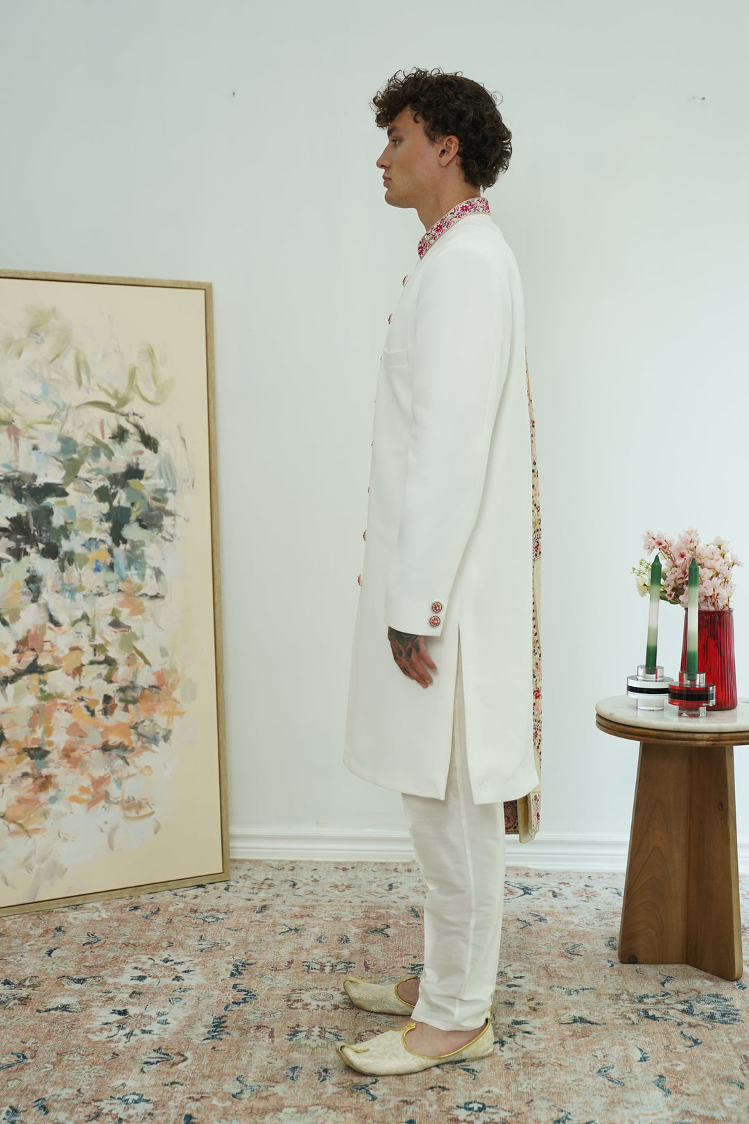 Royal White Indo-Western Set with heavy Stole