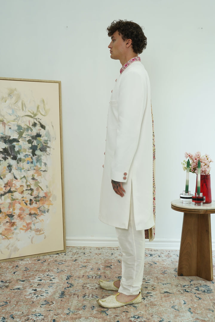 Royal White Indo-Western Set with heavy Stole