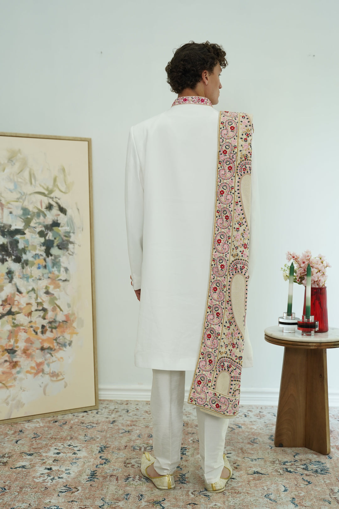 Royal White Indo-Western Set with heavy Stole