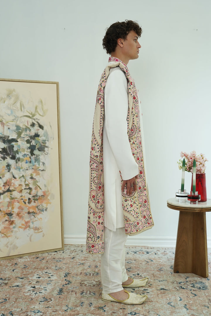 Royal White Indo-Western Set with heavy Stole