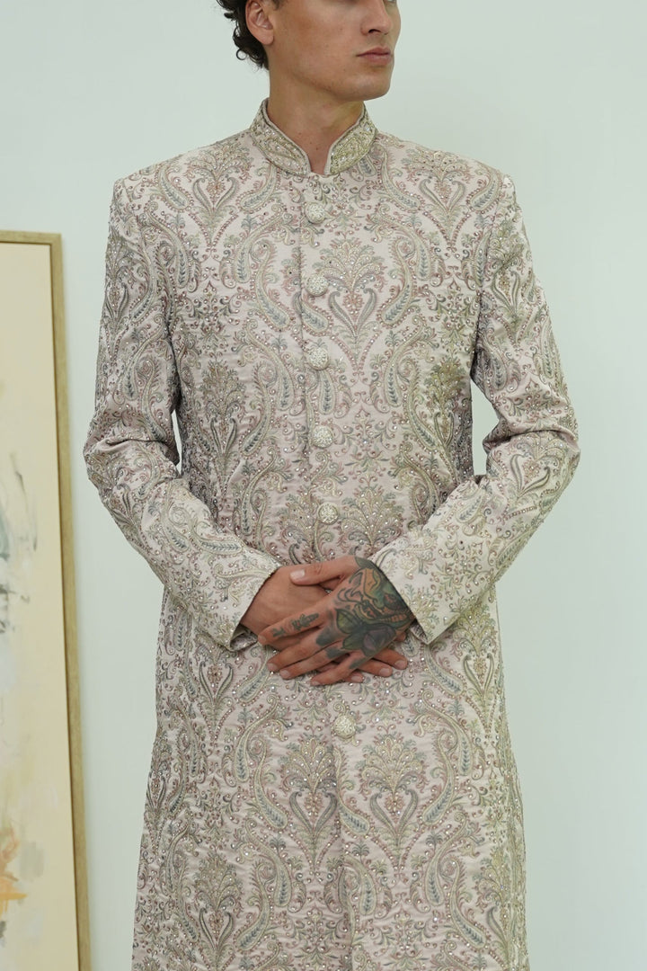 Rose Gold Paisley Embroidered Sherwani Set