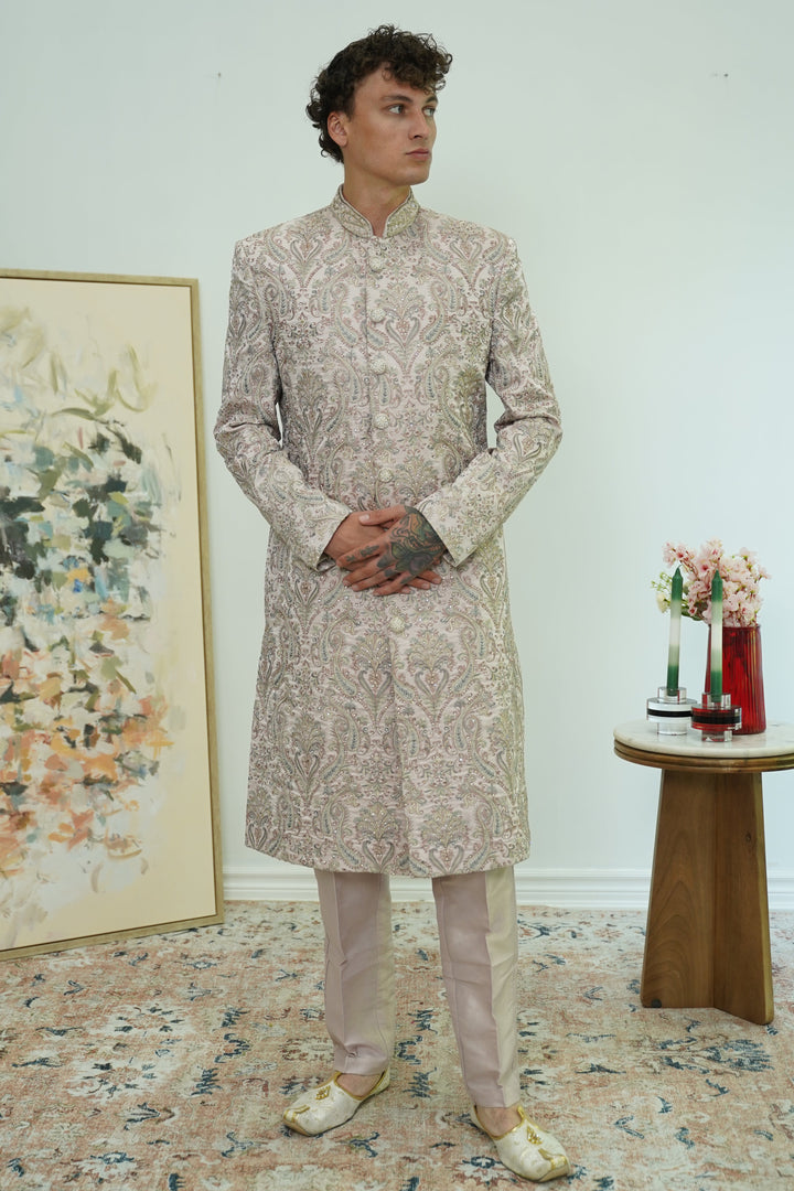 Rose Gold Paisley Embroidered Sherwani Set