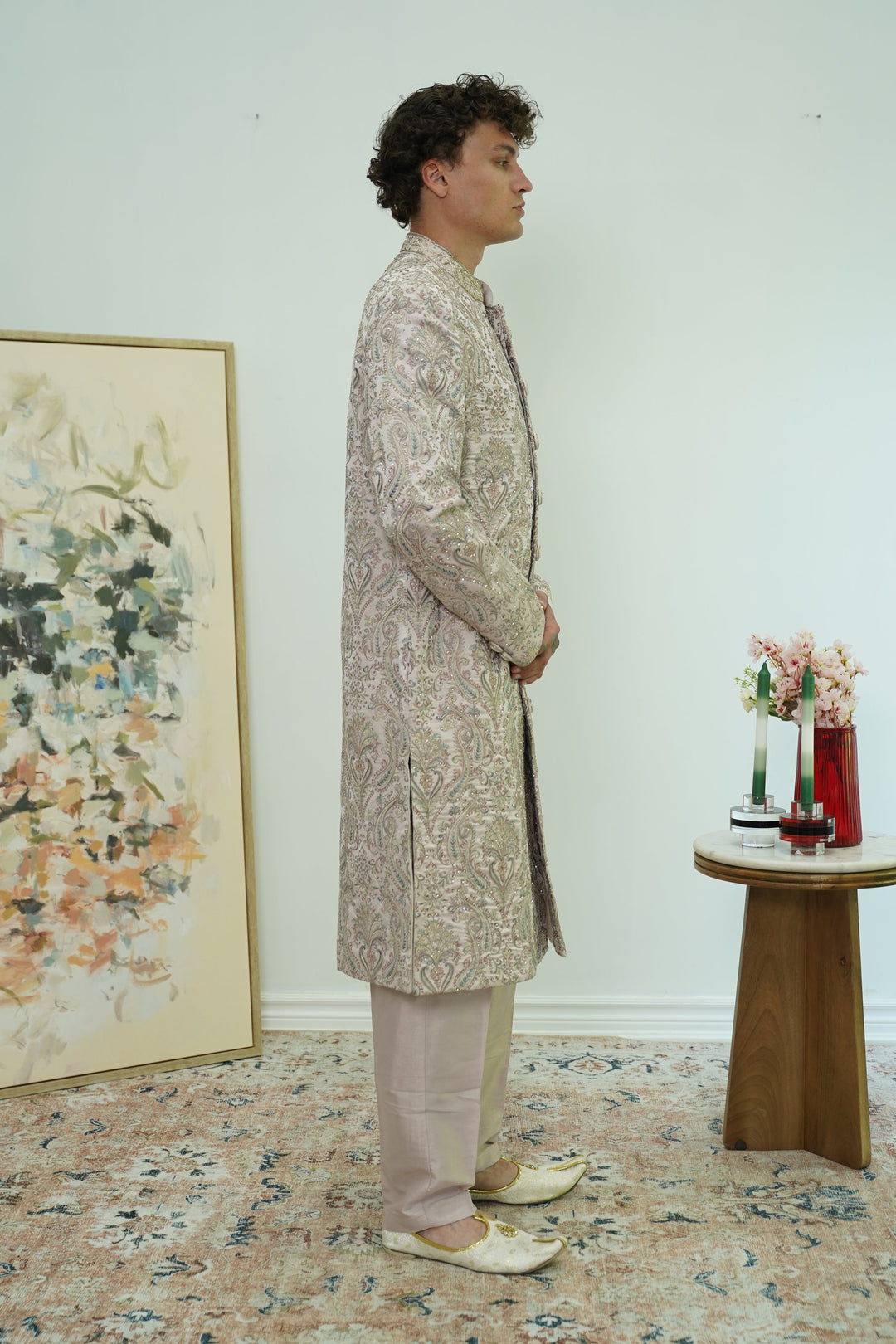 Rose Gold Paisley Embroidered Sherwani Set
