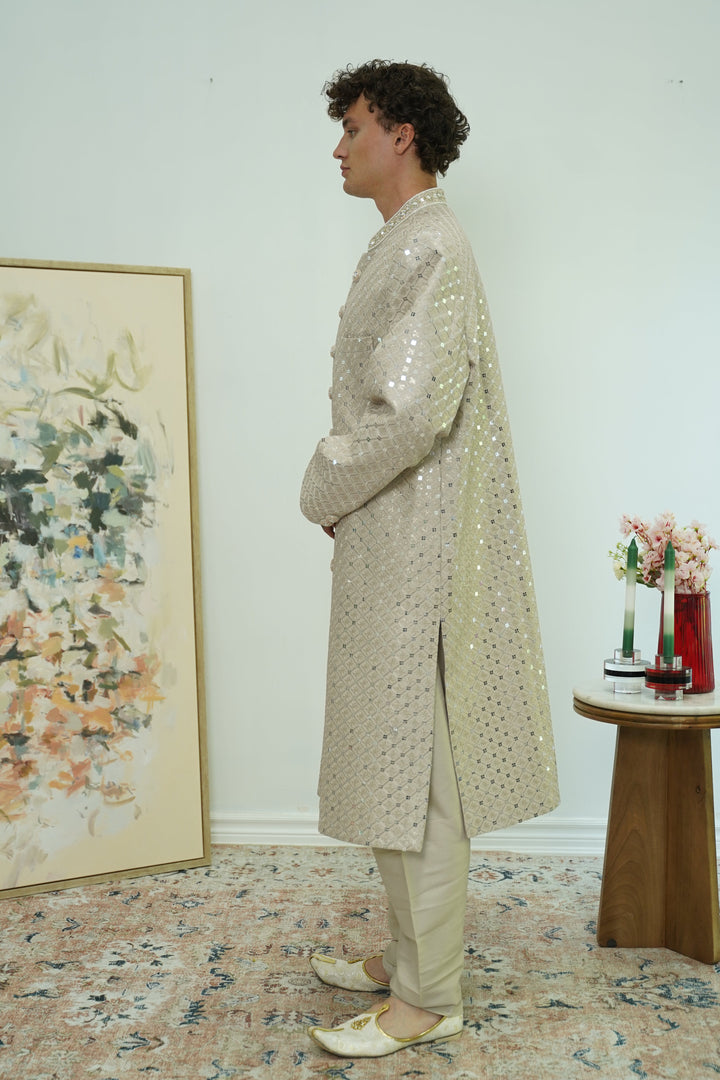 Champagne Mirrorwork Diamond Sherwani Set