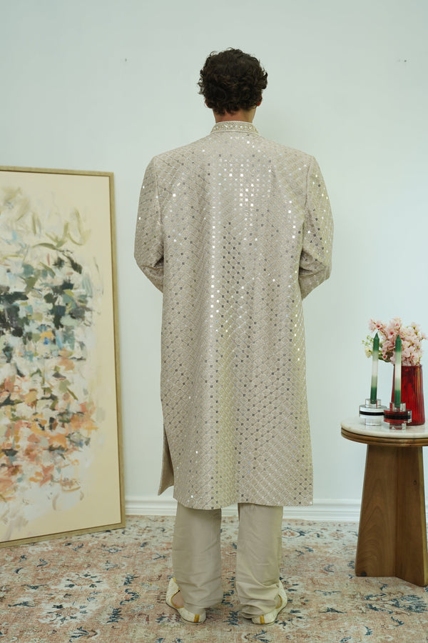 Champagne Mirrorwork Diamond Sherwani Set