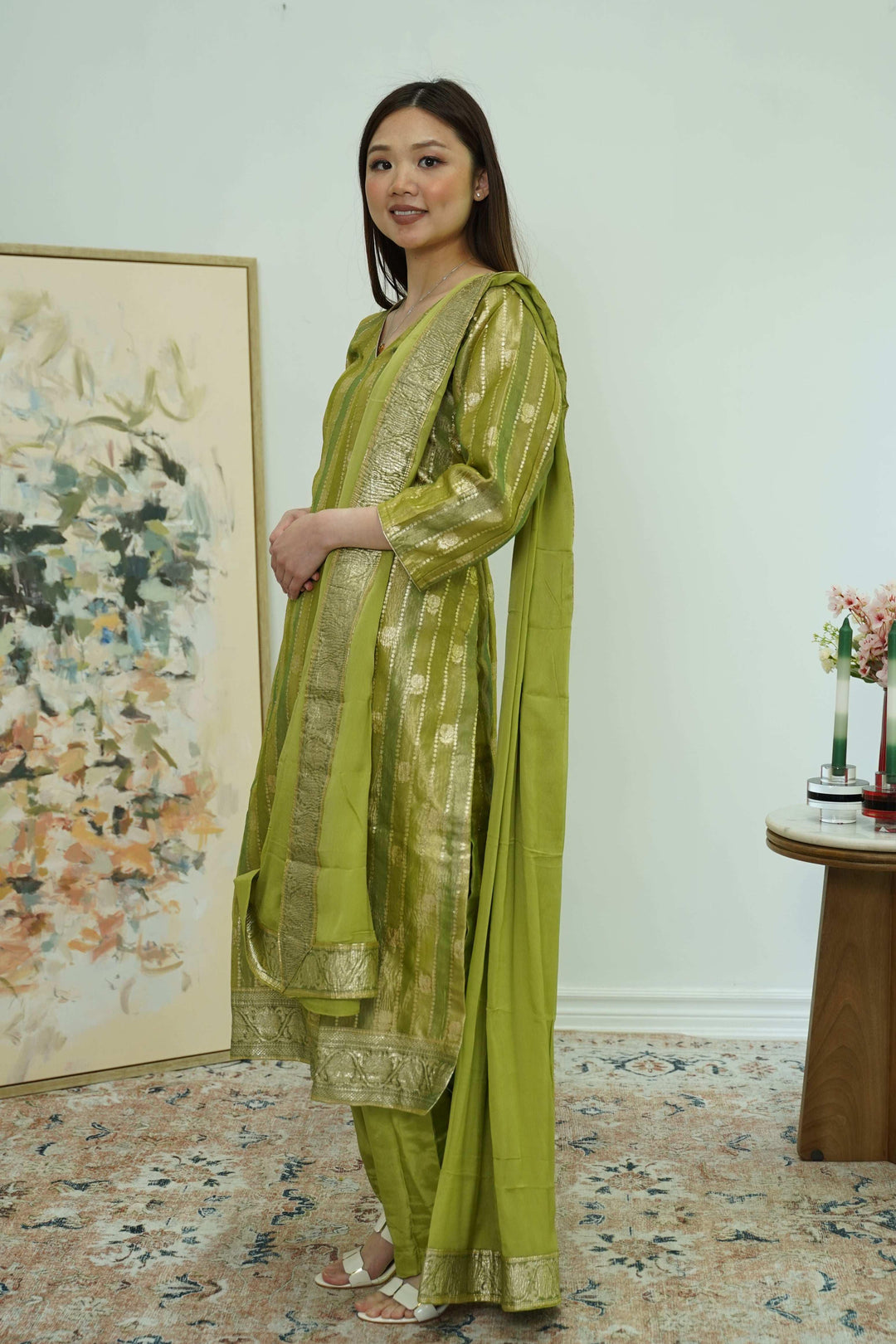 Olive Gleam Banarasi Salwar Kameez (Outside Ontario) - myethnicrentals
