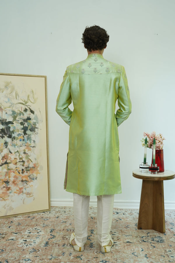Mint Green Floral Brocade Sherwani Set