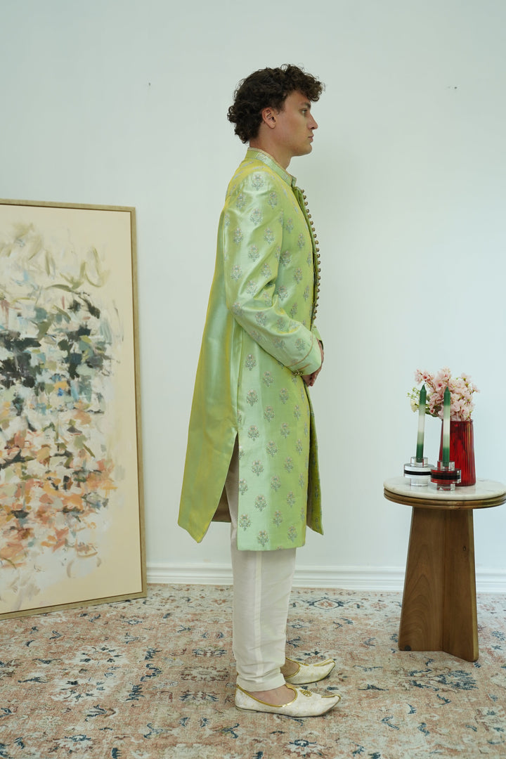 Mint Green Floral Brocade Sherwani Set
