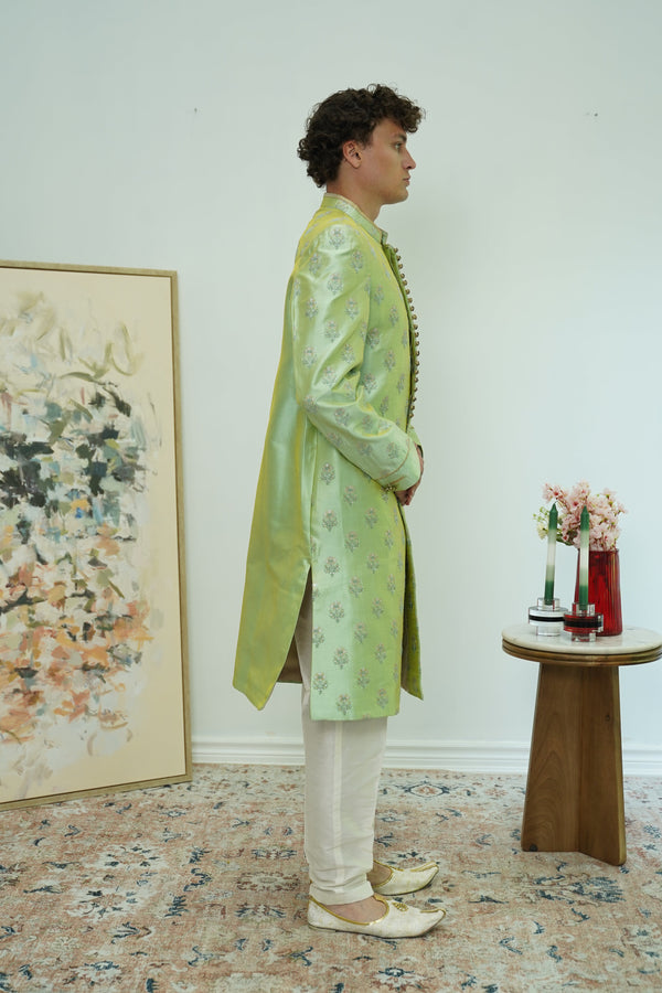 Mint Green Floral Brocade Sherwani Set