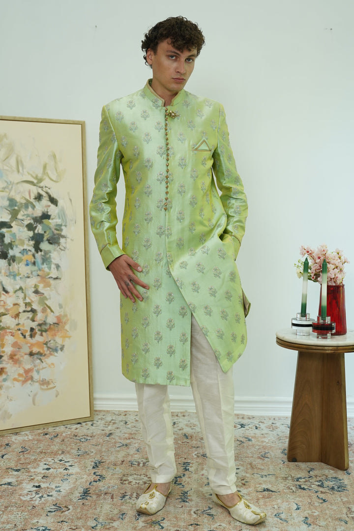 Mint Green Floral Brocade Sherwani Set