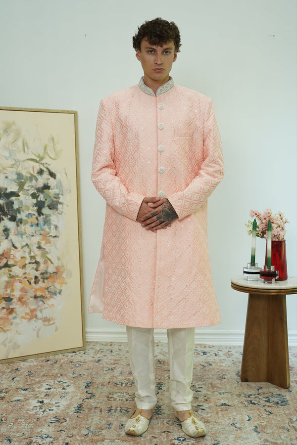 Peachy Pink Embroidery Sherwani
