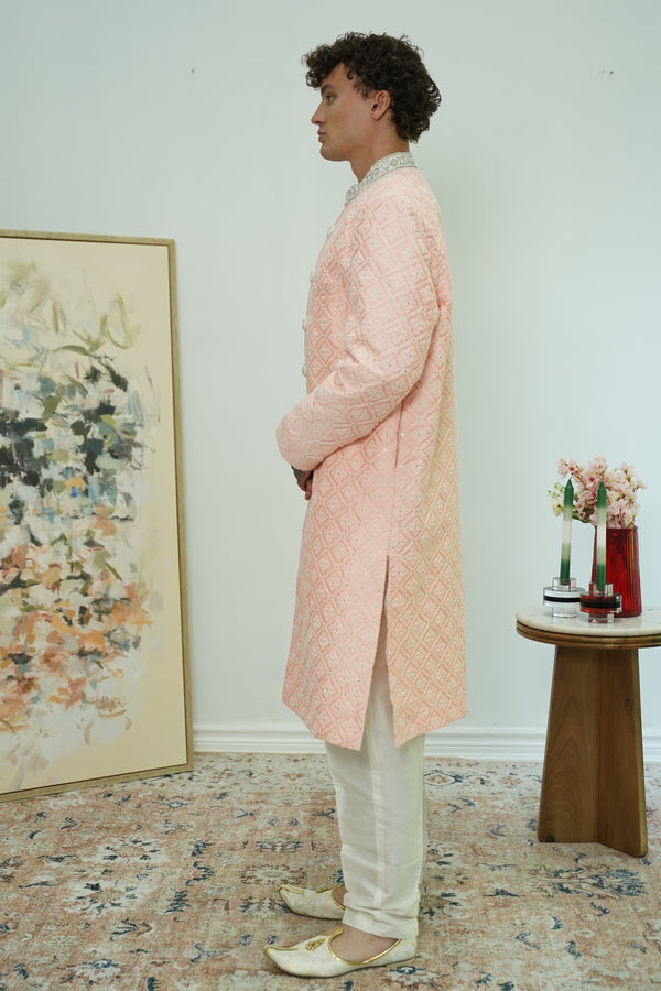 Peachy Pink Embroidery Sherwani