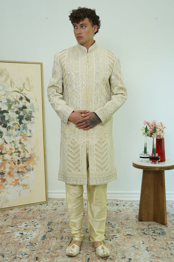 Off-white Mirror Embellished Sherwani Set