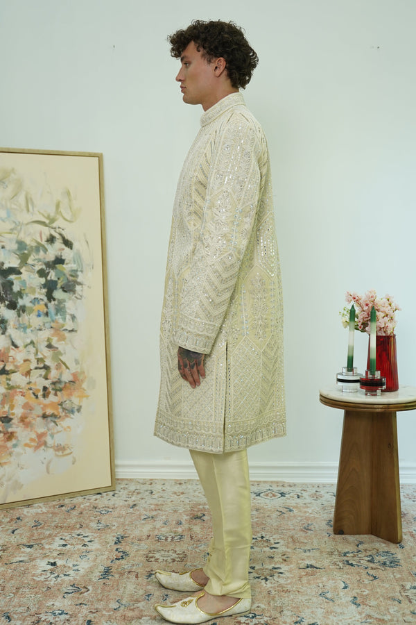 Off-white Mirror Embellished Sherwani Set