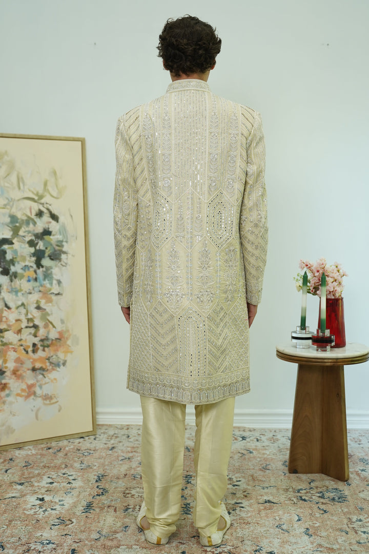 Off-white Mirror Embellished Sherwani Set