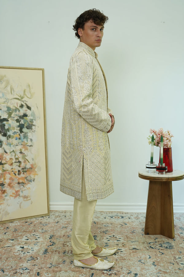 Off-white Mirror Embellished Sherwani Set