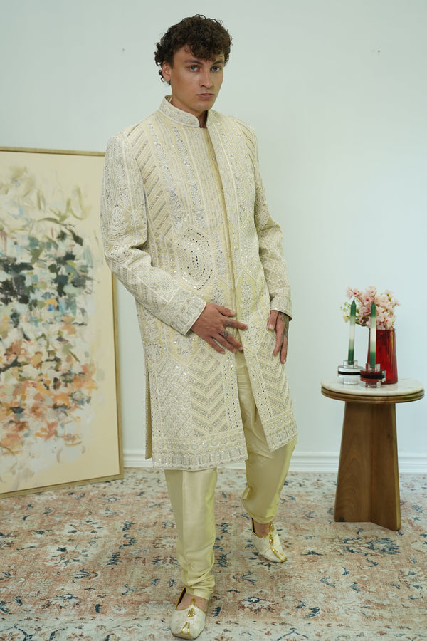 Off-white Mirror Embellished Sherwani Set
