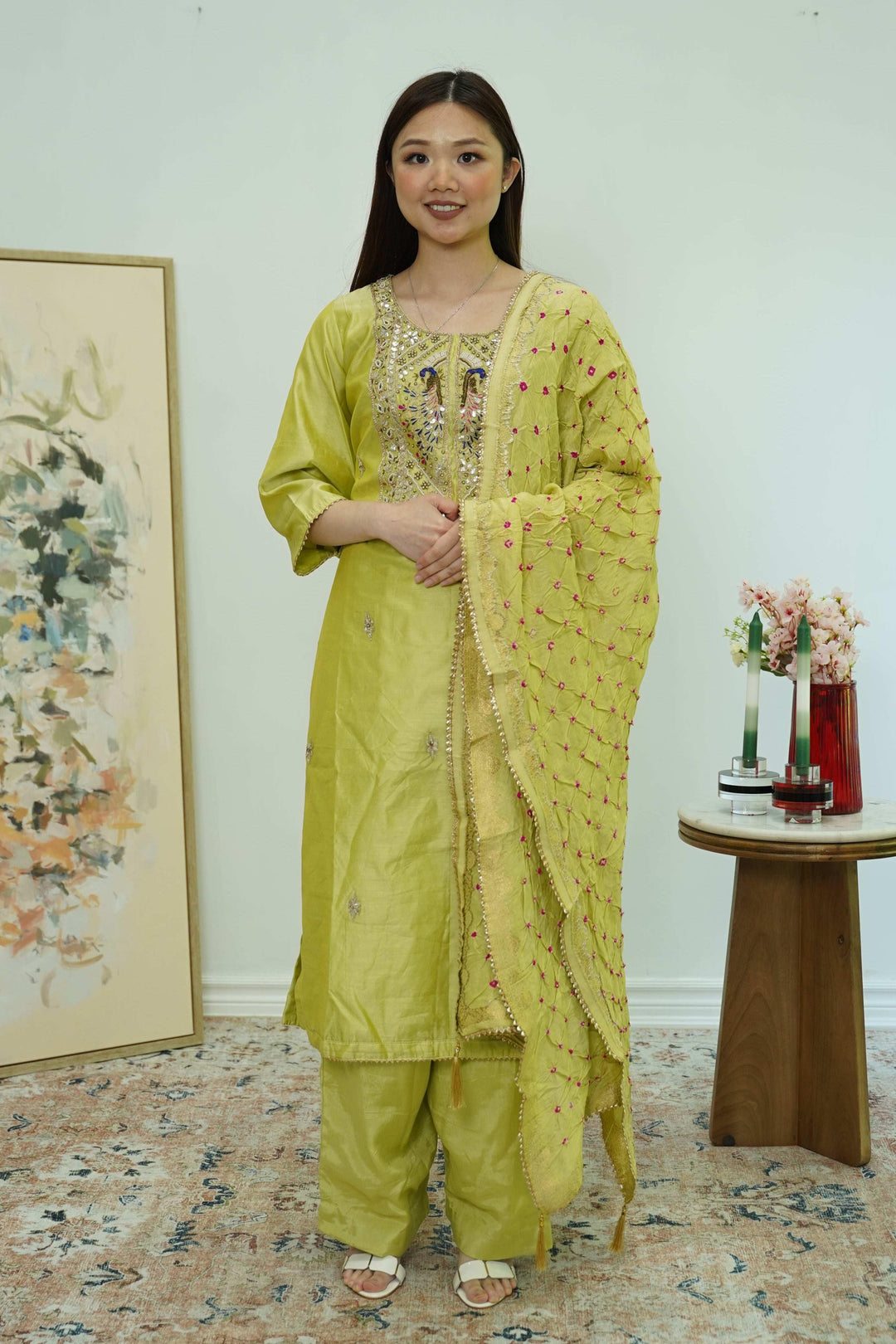 Chartreuse Mirrorwork Salwar Kameez (Outside Ontario) - myethnicrentals
