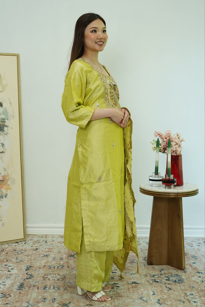 Chartreuse Mirrorwork Salwar Kameez