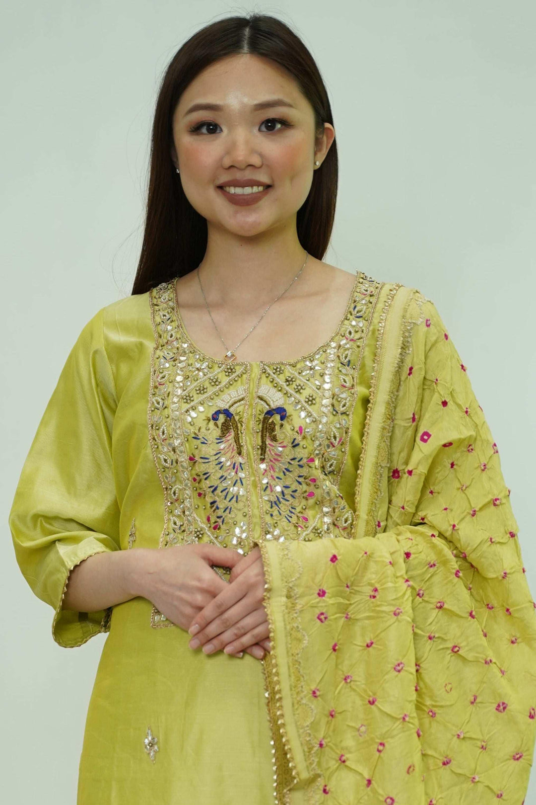 Chartreuse Mirrorwork Salwar Kameez (Outside Ontario) - myethnicrentals