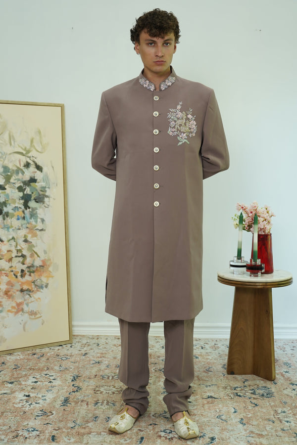 Dusty Mauve Embroidered Collar Sherwani Set