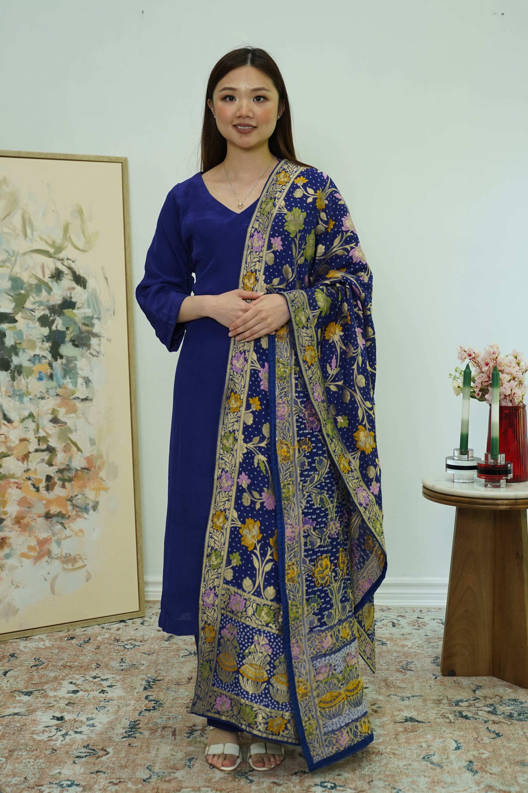 Royal Indigo Salwar Kameez with Kashmiri-Style Dupatta (Outside Ontario) - myethnicrentals