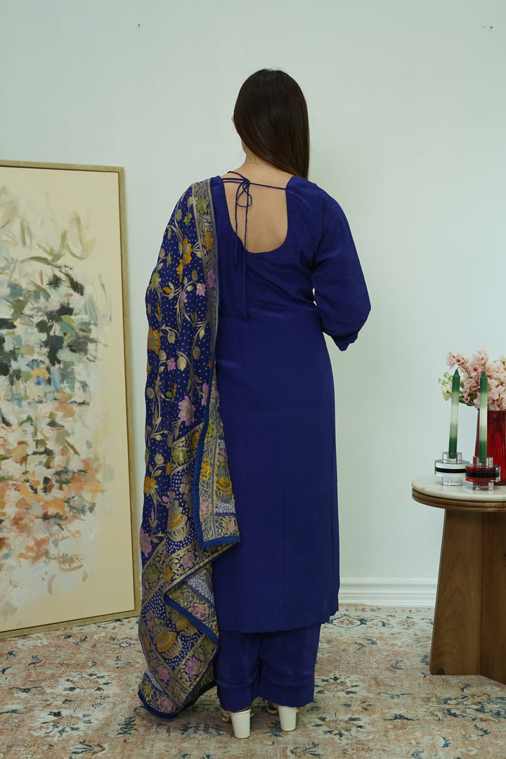 Royal Indigo Salwar Kameez with Kashmiri-Style Shawl