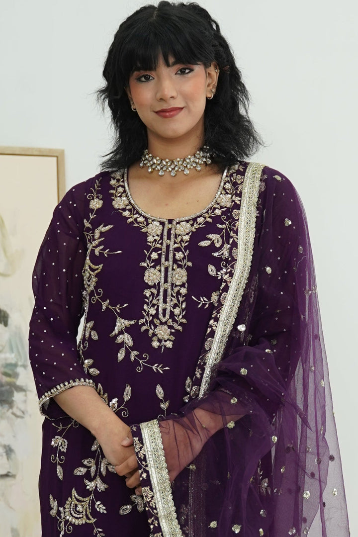 Velvet Plum Embroidered Sharara Set
