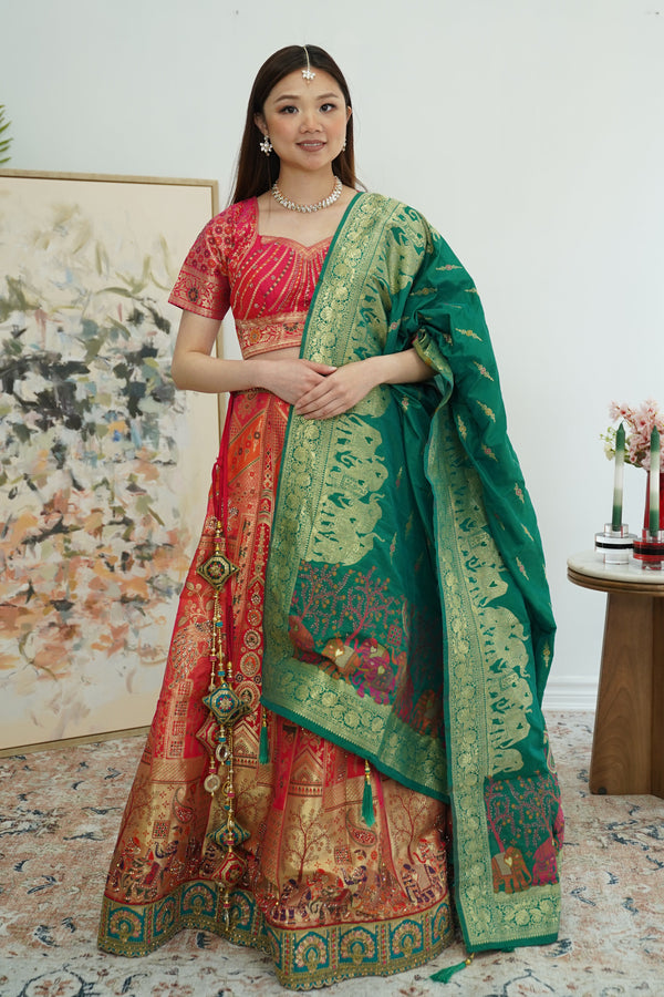 Pink and Red banarsi Lehenga