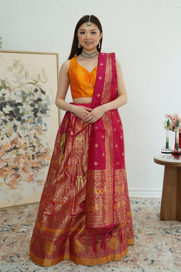 Pink and Yellow banarsi Lehenga
