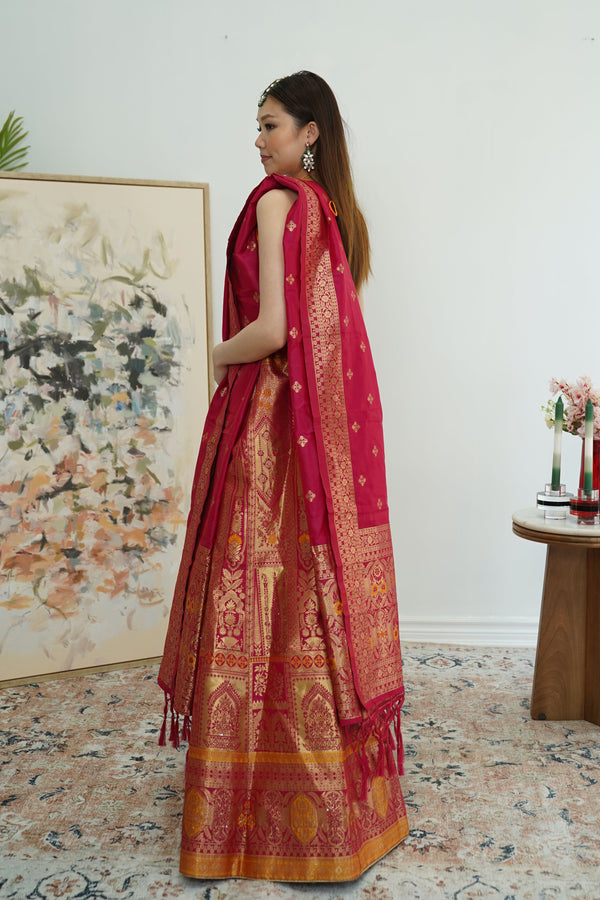 Pink and Yellow banarsi Lehenga