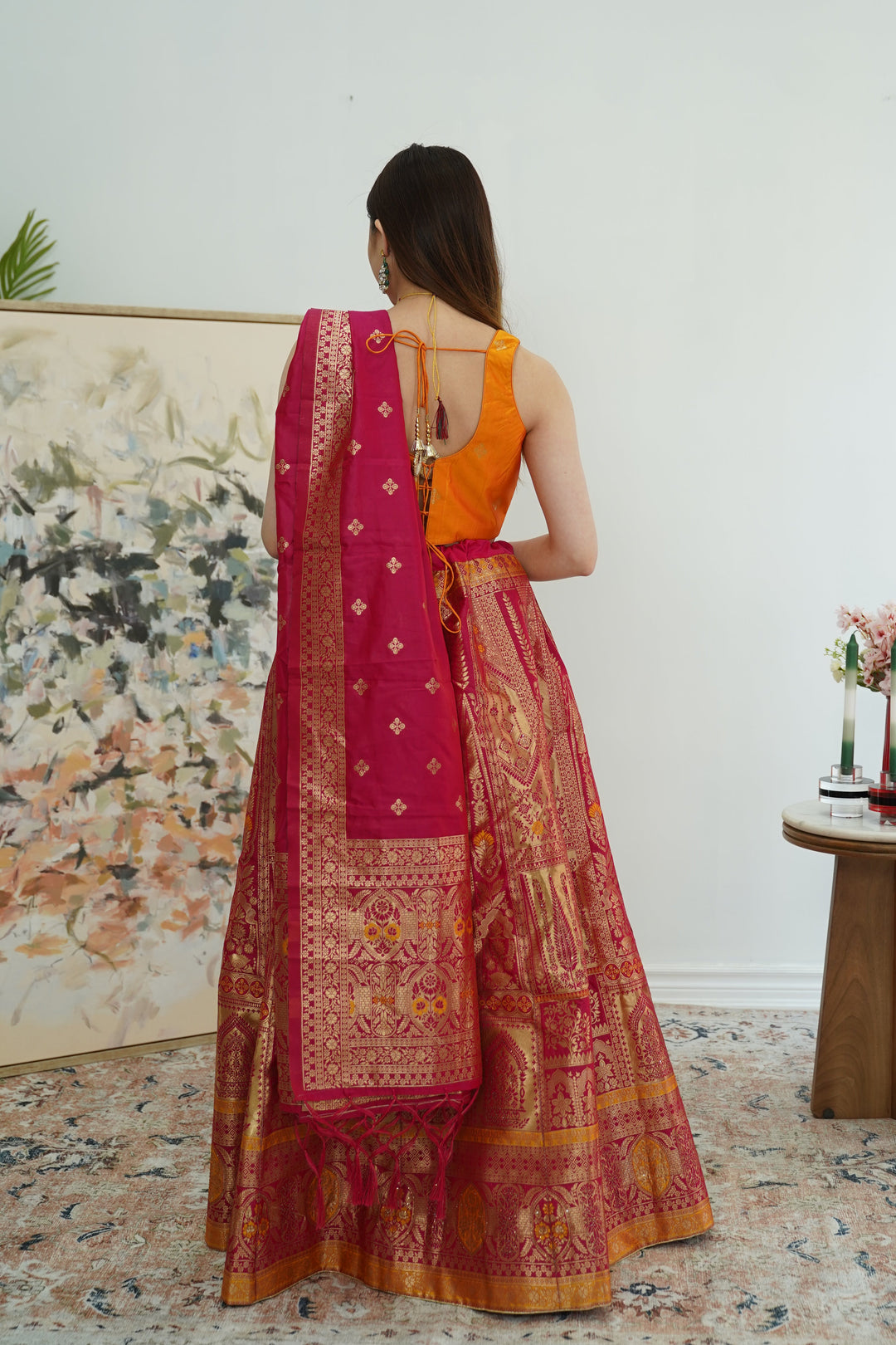Pink and Yellow banarsi Lehenga