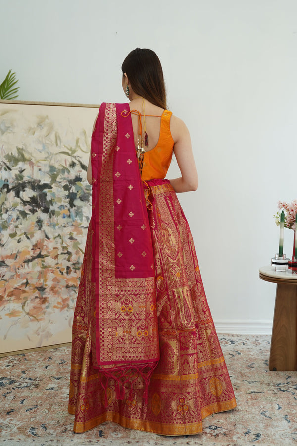 Pink and Yellow banarsi Lehenga