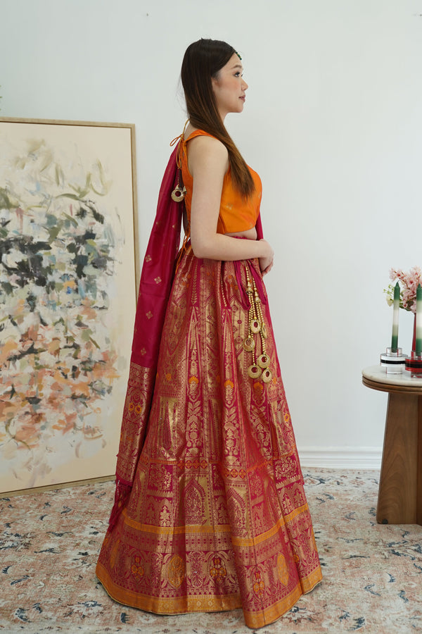 Pink and Yellow banarsi Lehenga