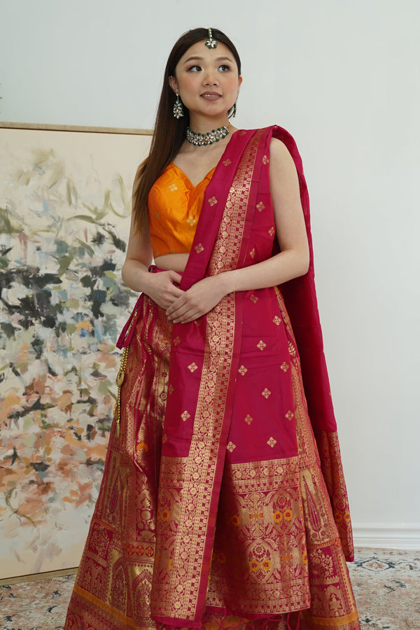 Pink and Yellow banarsi Lehenga