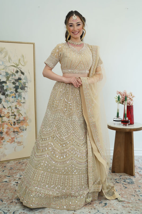 Champagne Radiance Mirrorwork Lehenga