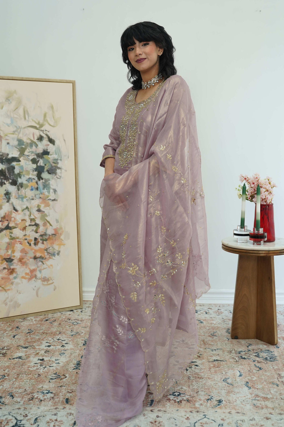 Dusty Rose Embroidered Organza Salwar Kameez (Outside Ontario) - myethnicrentals