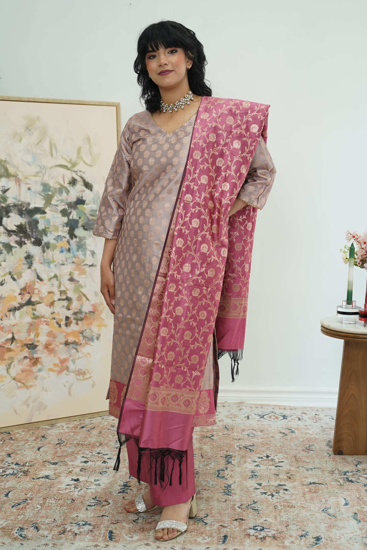 Rosy Mauve Banarasi Salwar Kameez Set (Outside Ontario) - myethnicrentals