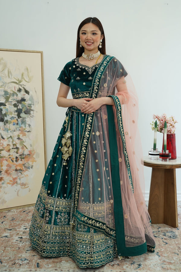 Emerald Grace Velvet Lehenga with Dusty Rose Dupatta