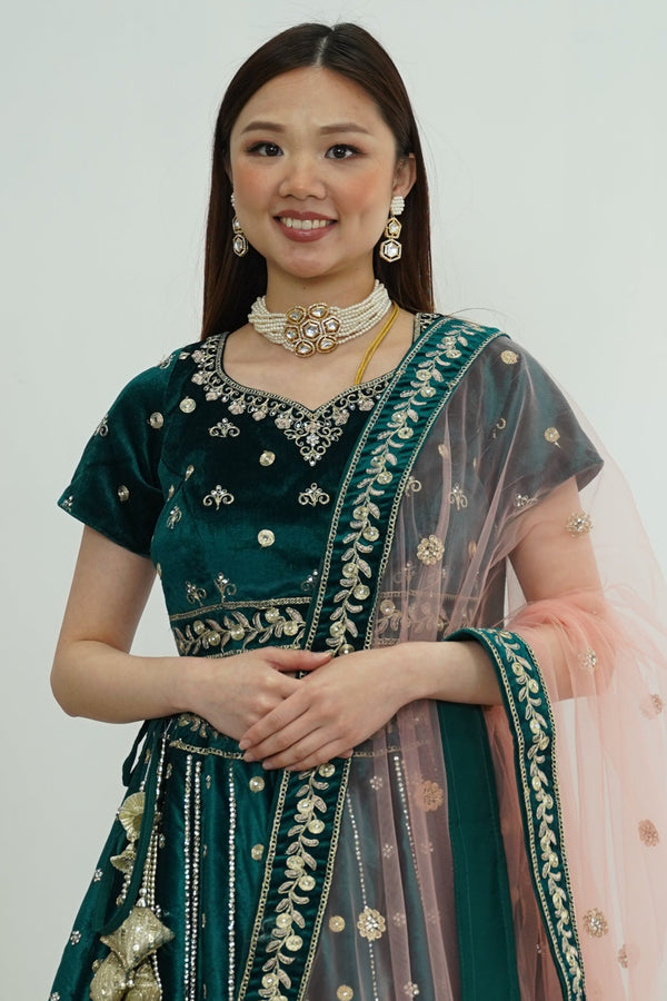 Emerald Grace Velvet Lehenga with Dusty Rose Dupatta