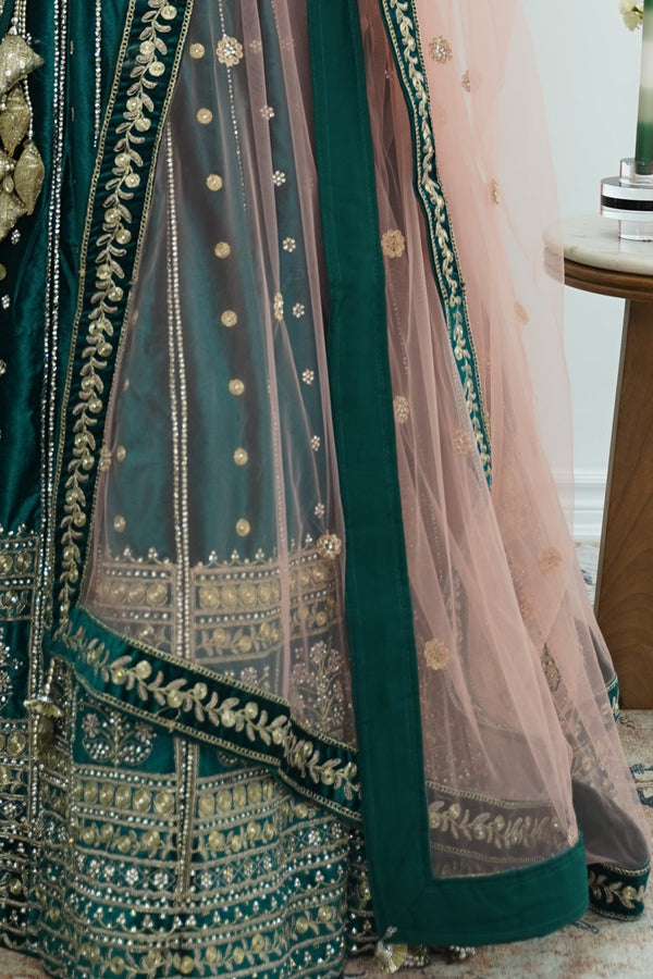 Emerald Grace Velvet Lehenga with Dusty Rose Dupatta