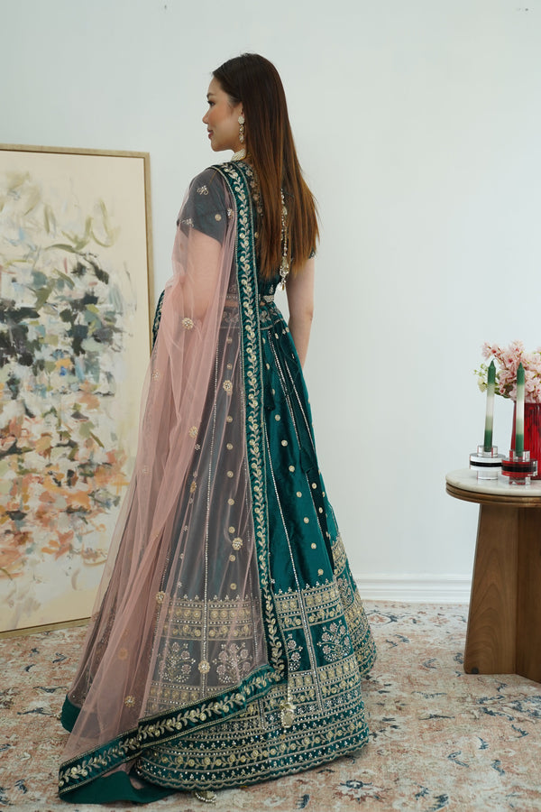 Emerald Grace Velvet Lehenga with Dusty Rose Dupatta