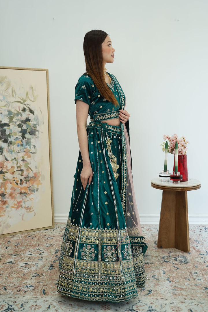 Emerald Grace Velvet Lehenga with Dusty Rose Dupatta
