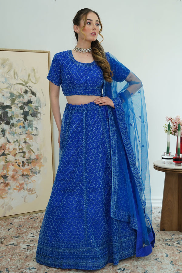 Electric Blue Mirror-Embroidered Lehenga Set