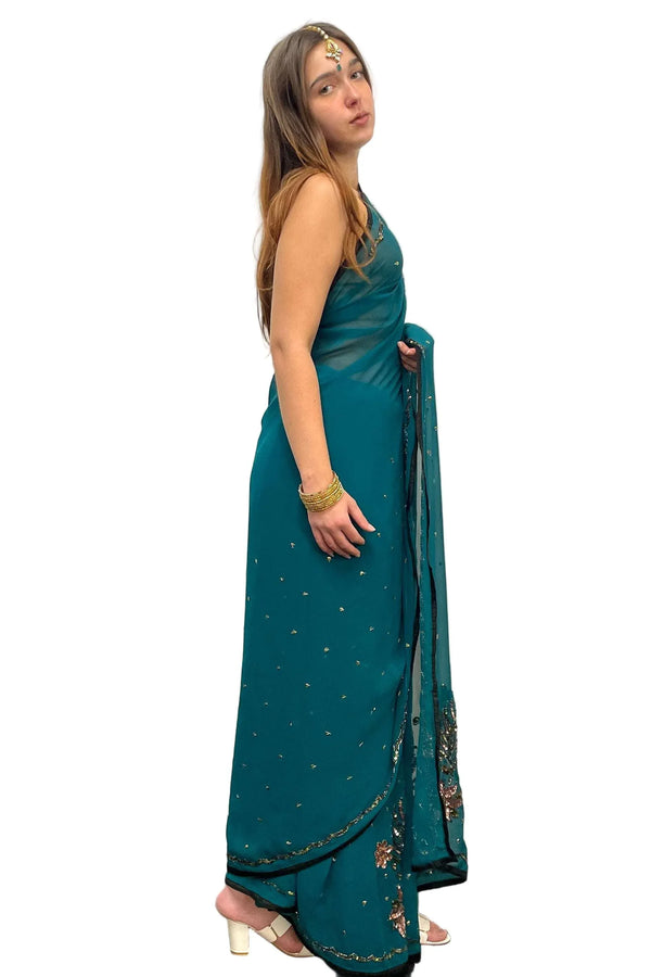 Dark Blue With Pink Embroidery Saree - myethnicrentals