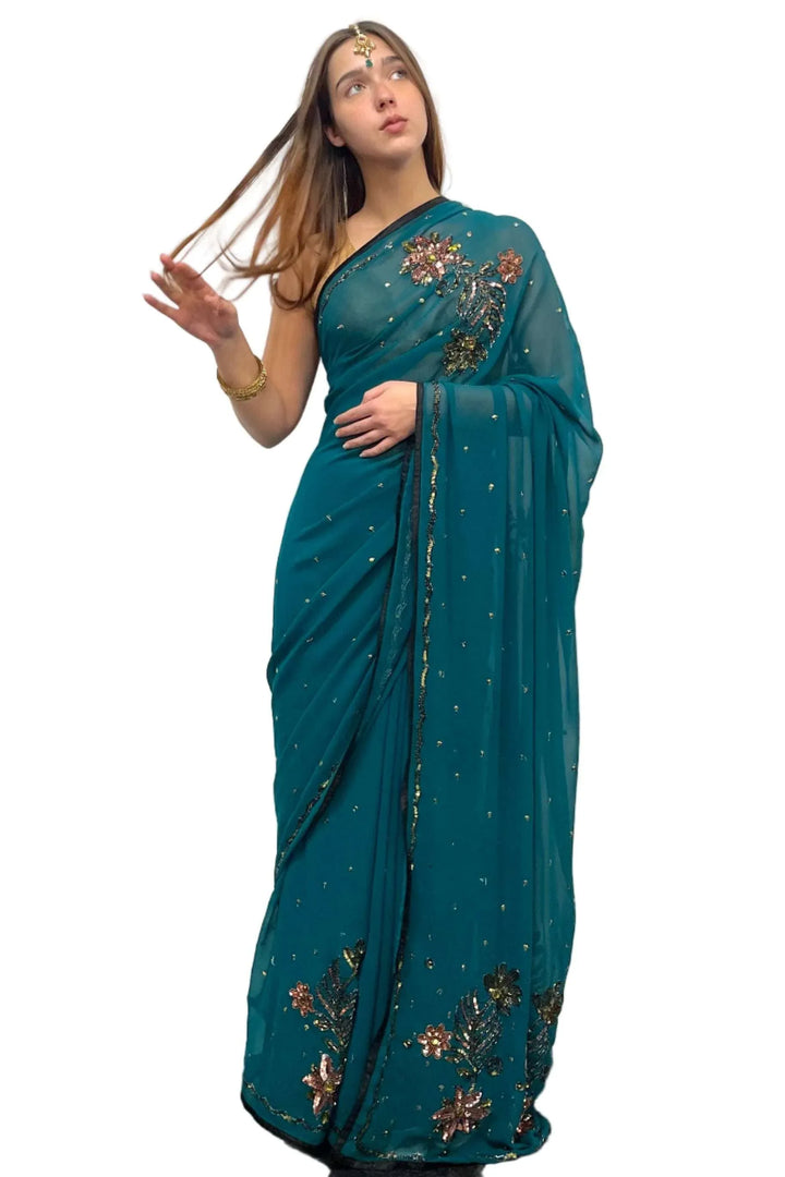 Dark Blue With Pink Embroidery Saree - myethnicrentals