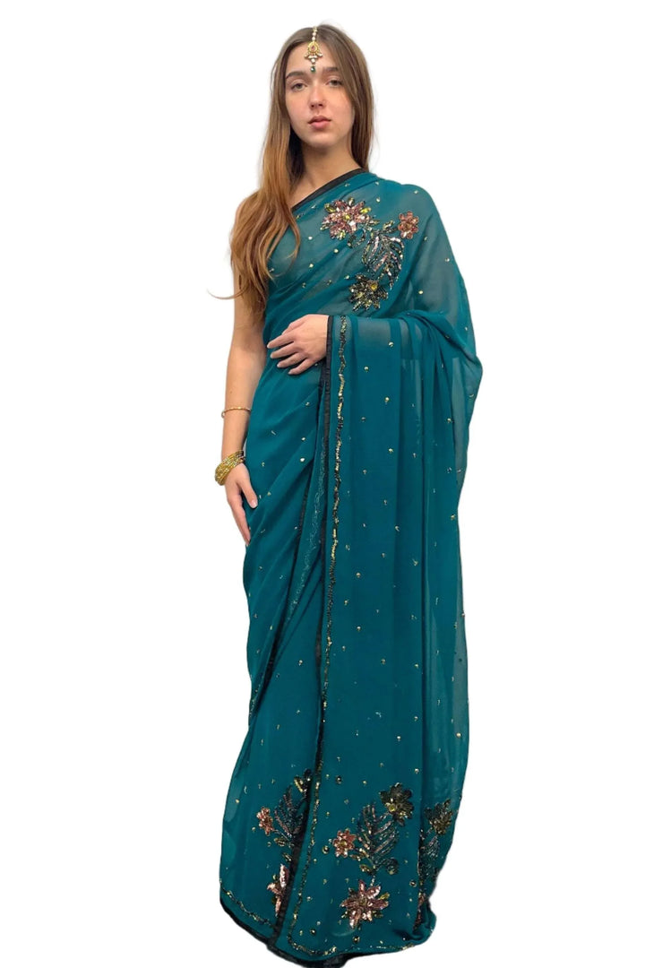 Dark Blue With Pink Embroidery Saree - myethnicrentals