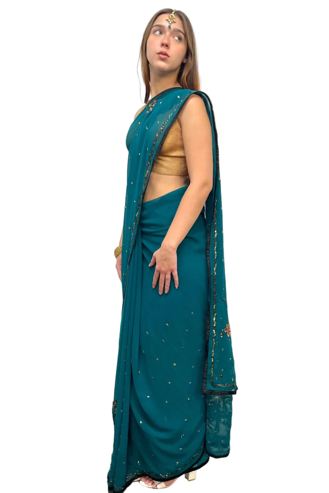 Dark Blue With Pink Embroidery Saree - myethnicrentals